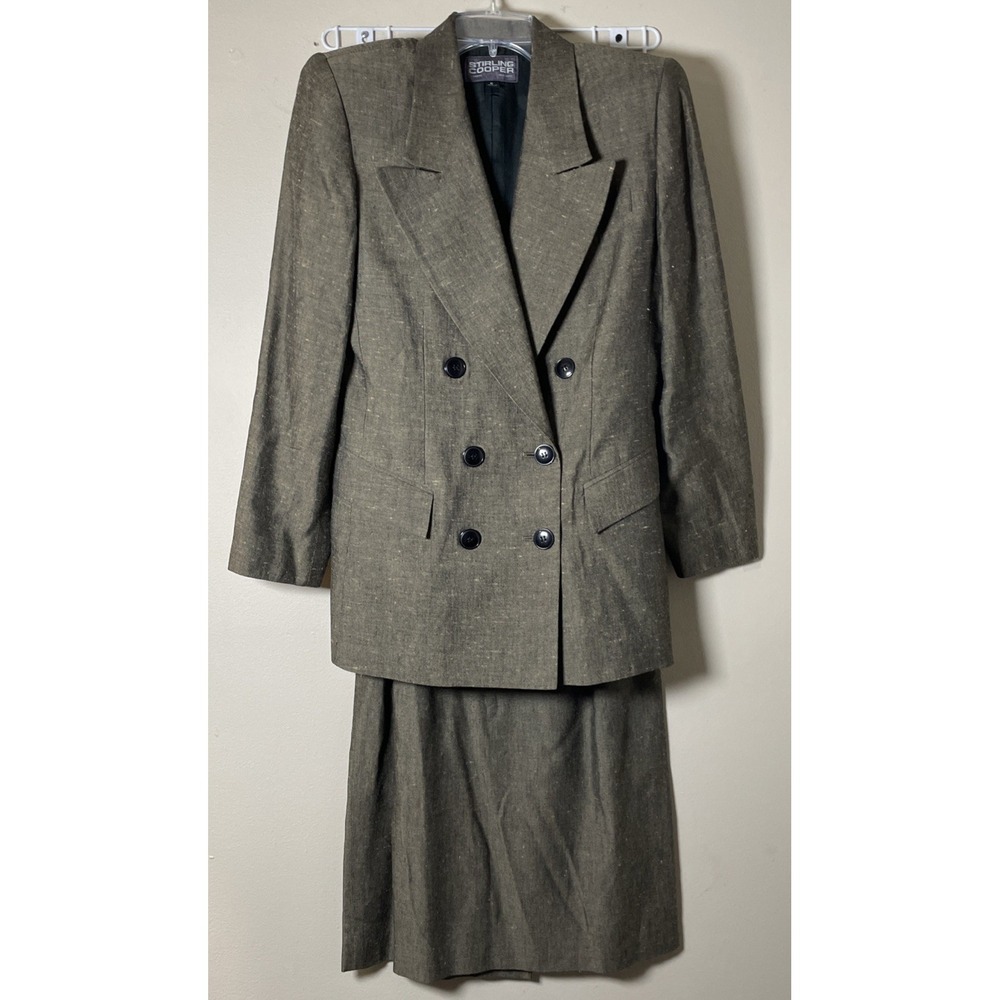 Stirling Cooper Vintage 80's Linen Blend Blazer Skirt Set Women's Size 6 Olive